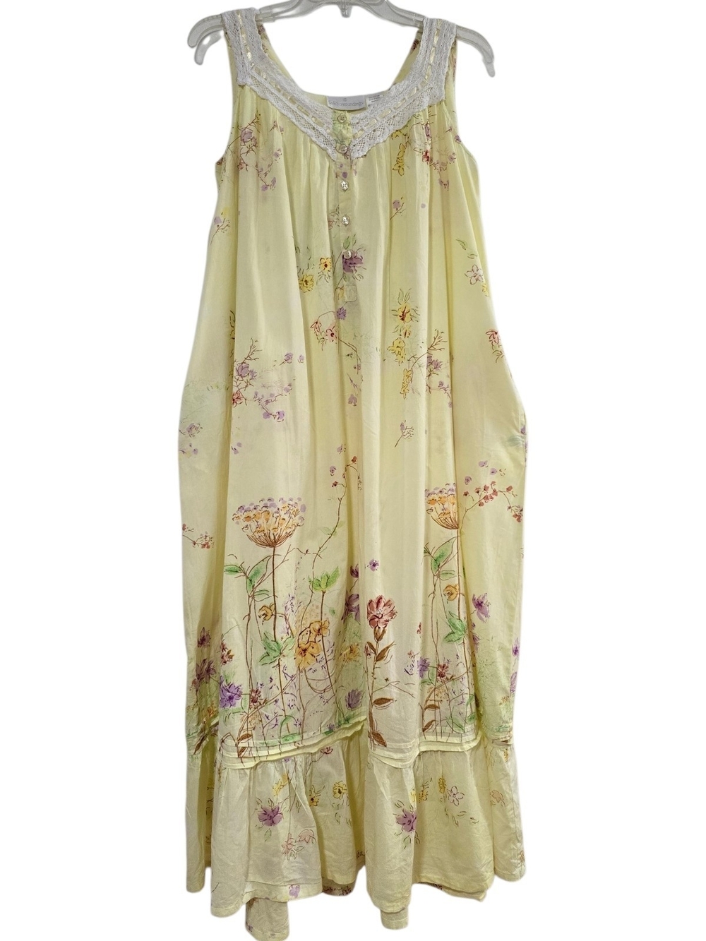 Soft Surroundings Pale Yellow Floral Lace-Trim Maxi Cotton Nightgown Size XL - Picture 2 of 10